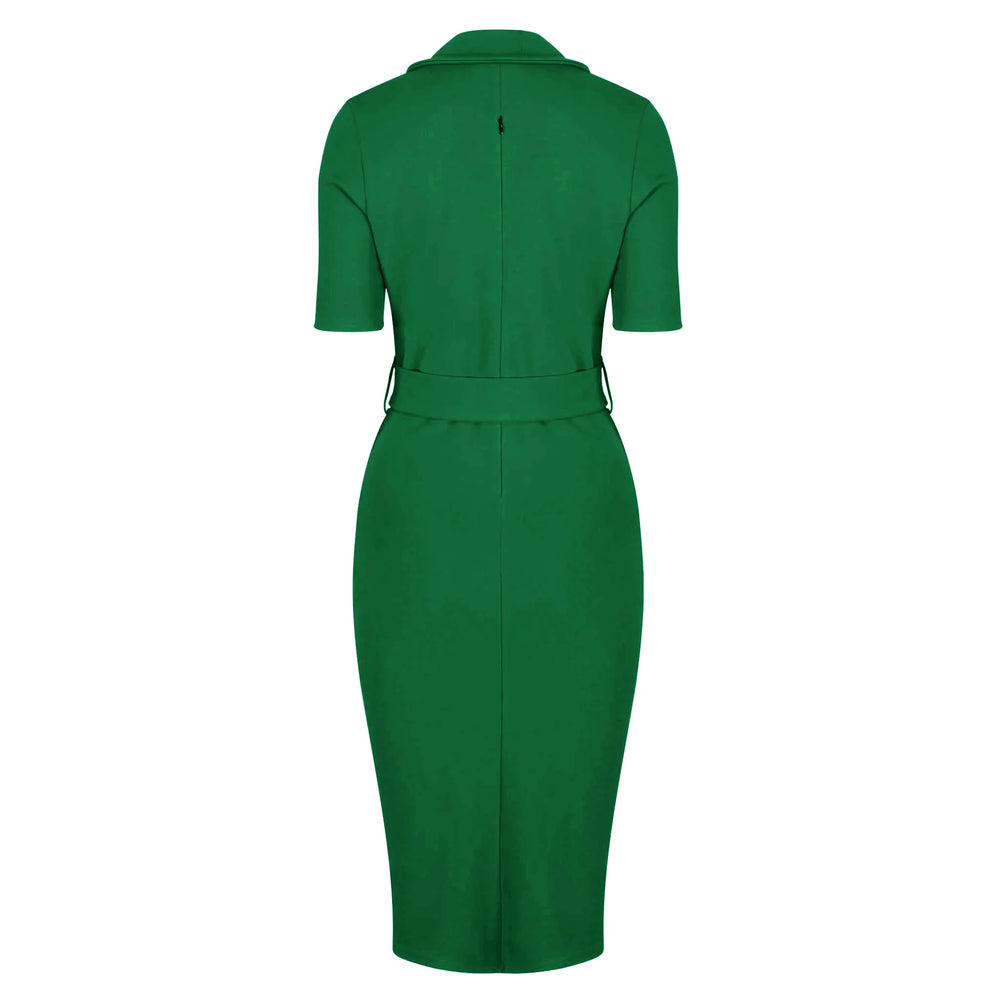 Green Belted Half Sleeve Collared Wiggle Office Dress