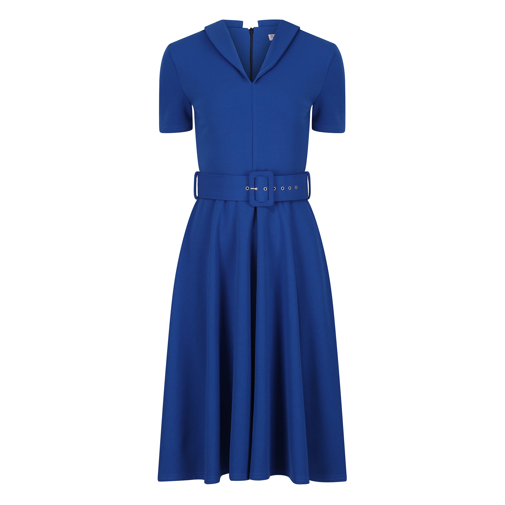 Royal Blue Belted Midi Swing Dress With Collared V Neck