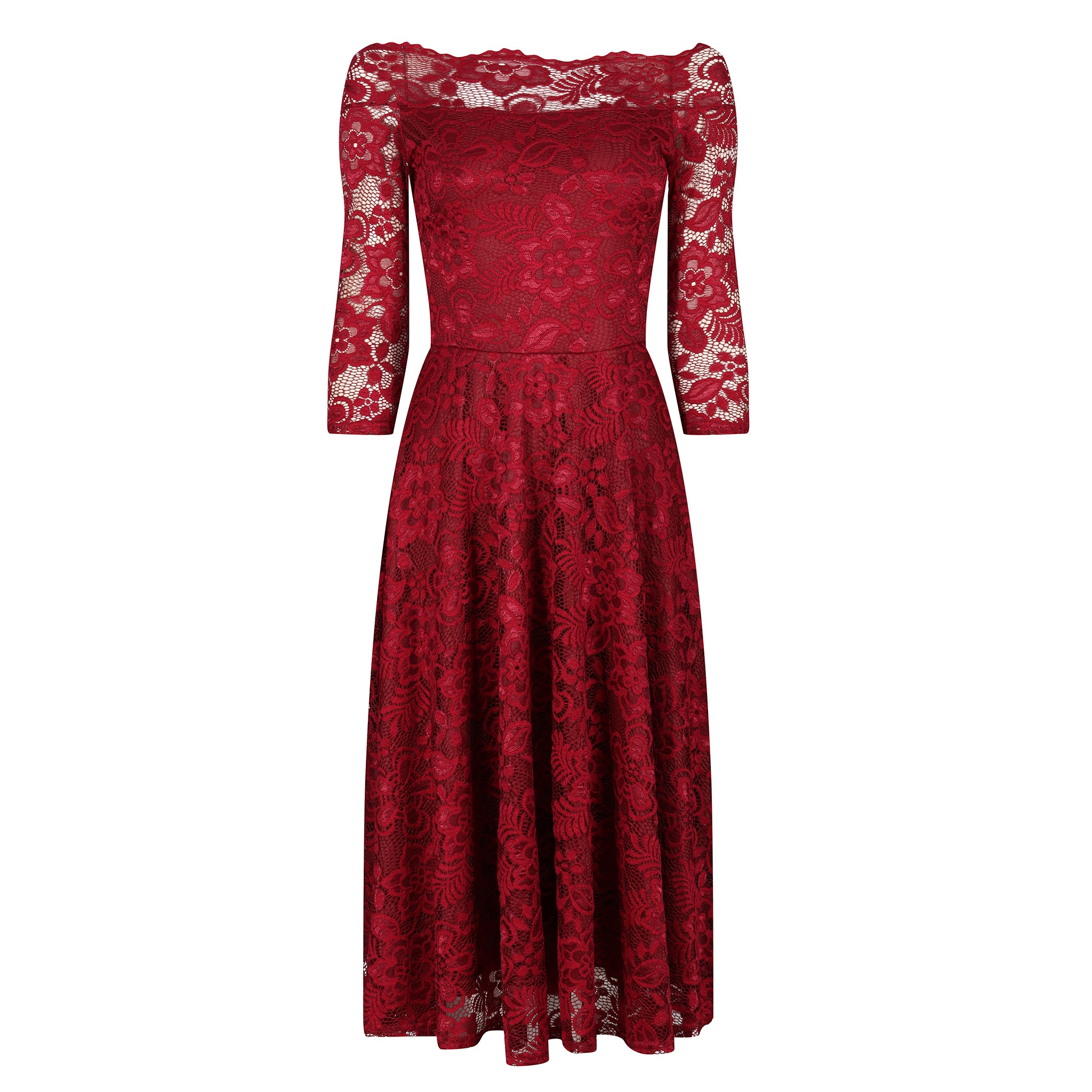 Wine Red Lace Vintage Style Swing Dress With 3/4 Sleeves Boat