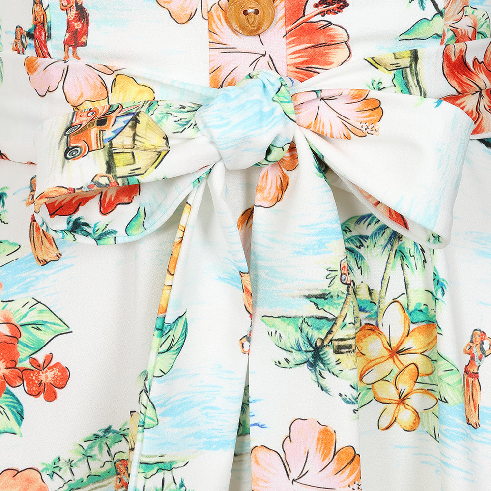 White Hawaiian Print Shoulder Strap 50s Summer Dress With Tie Belt