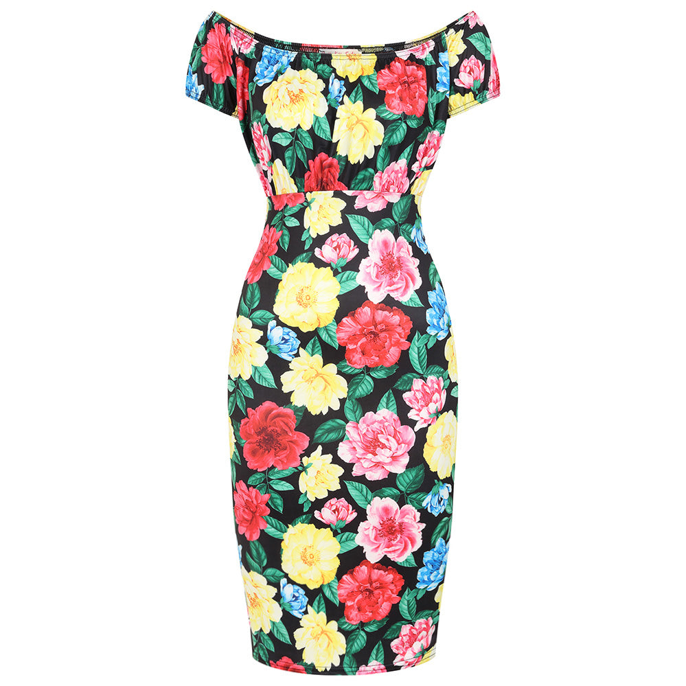 Black Rose Print Elasticated Top Off Shoulder Wiggle Pencil Dress