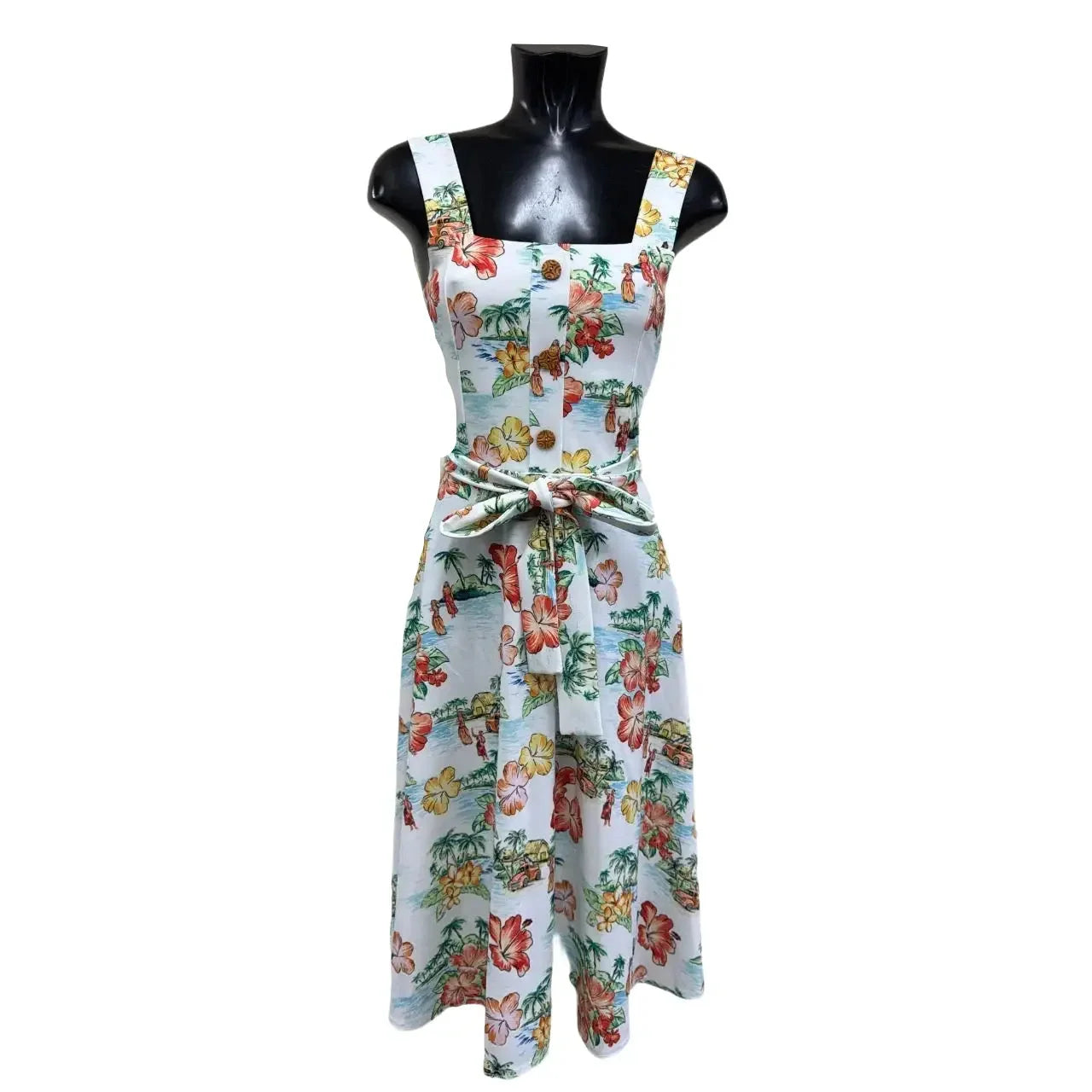 White Hawaiian Print Shoulder Strap 50s Summer Dress With Tie Belt