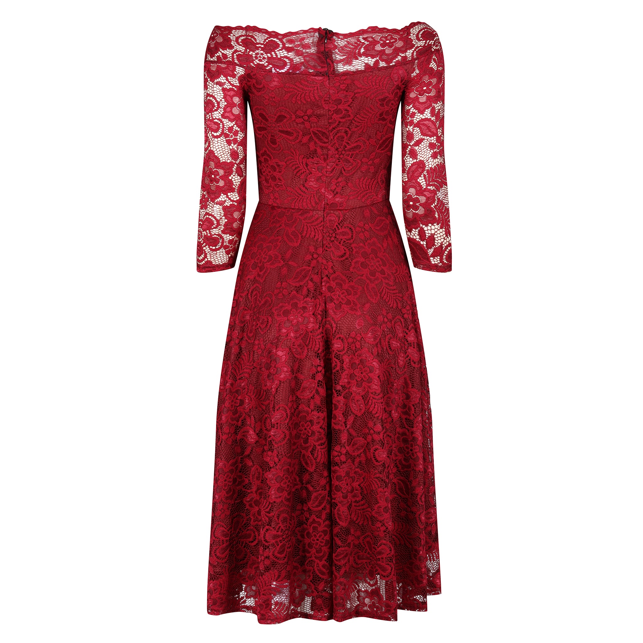 Wine Red Lace Vintage Style Swing Dress With 3/4 Sleeves & Boat Neck