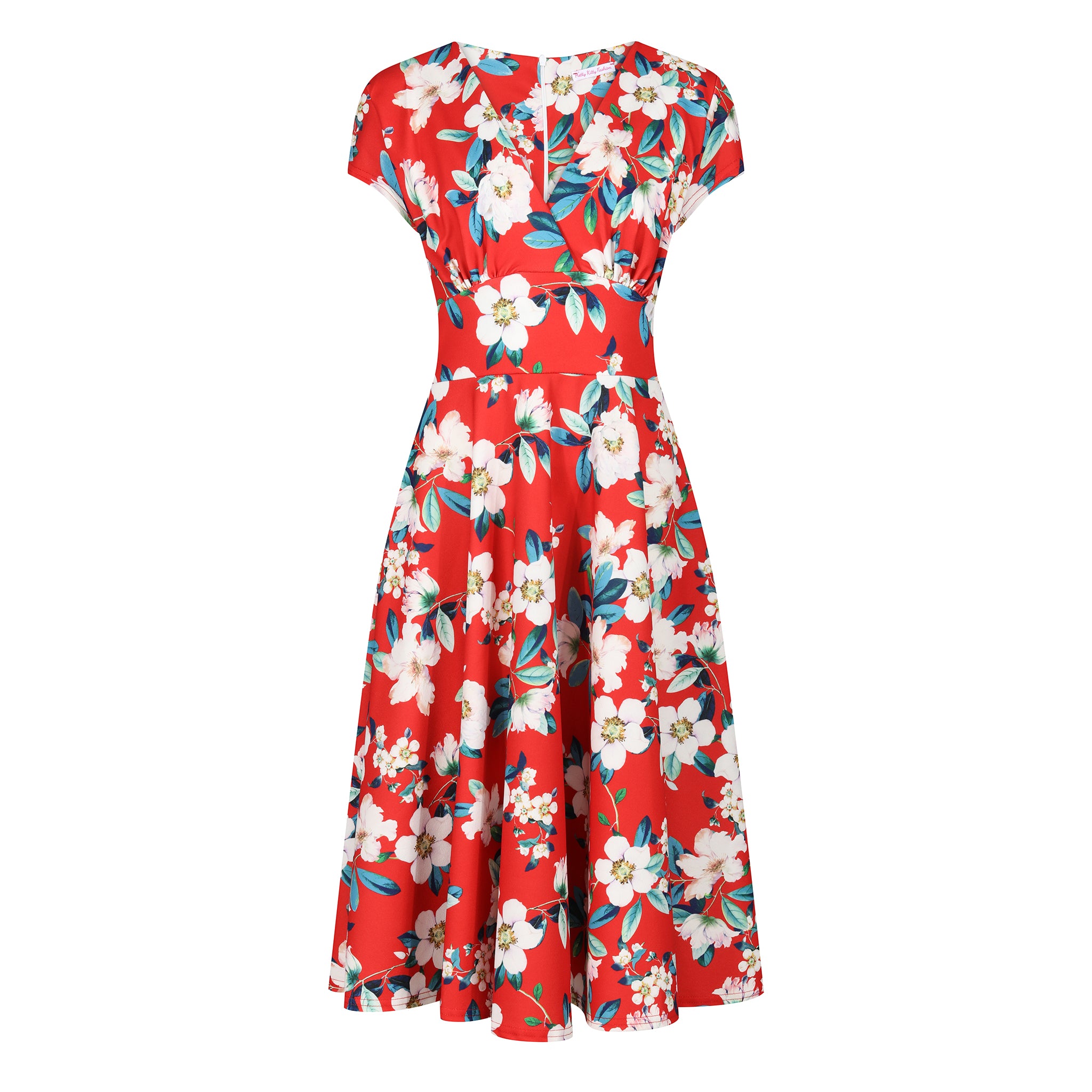 Sunset Red Floral Vintage A Line Crossover Capped Sleeve Tea Swing Dress