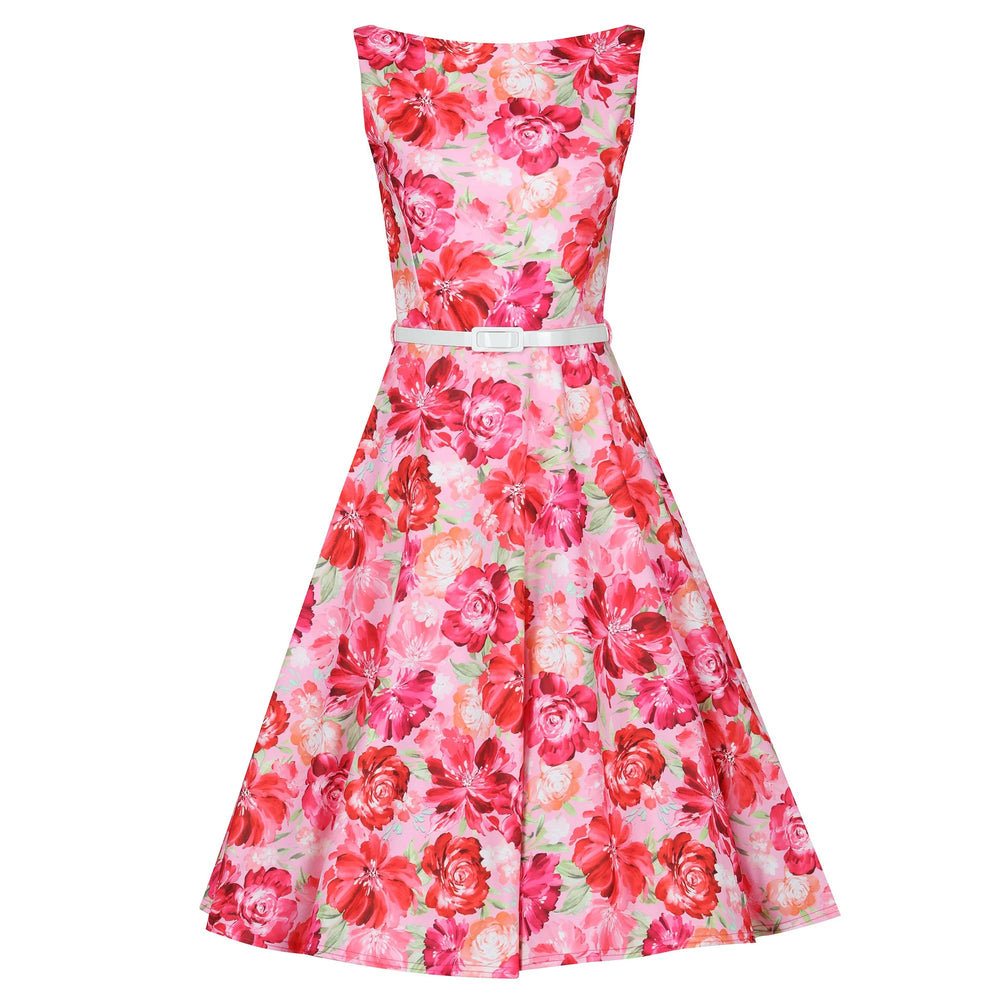 Pink & Red Floral Audrey Hepburn Style Sleeveless 50s Swing Dress With Boat Neckline