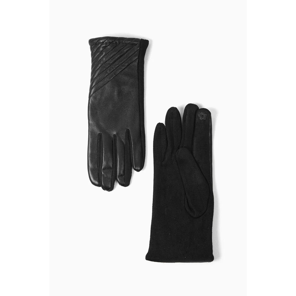 Black Faux Leather Gloves with Diagonal Stitching Detail