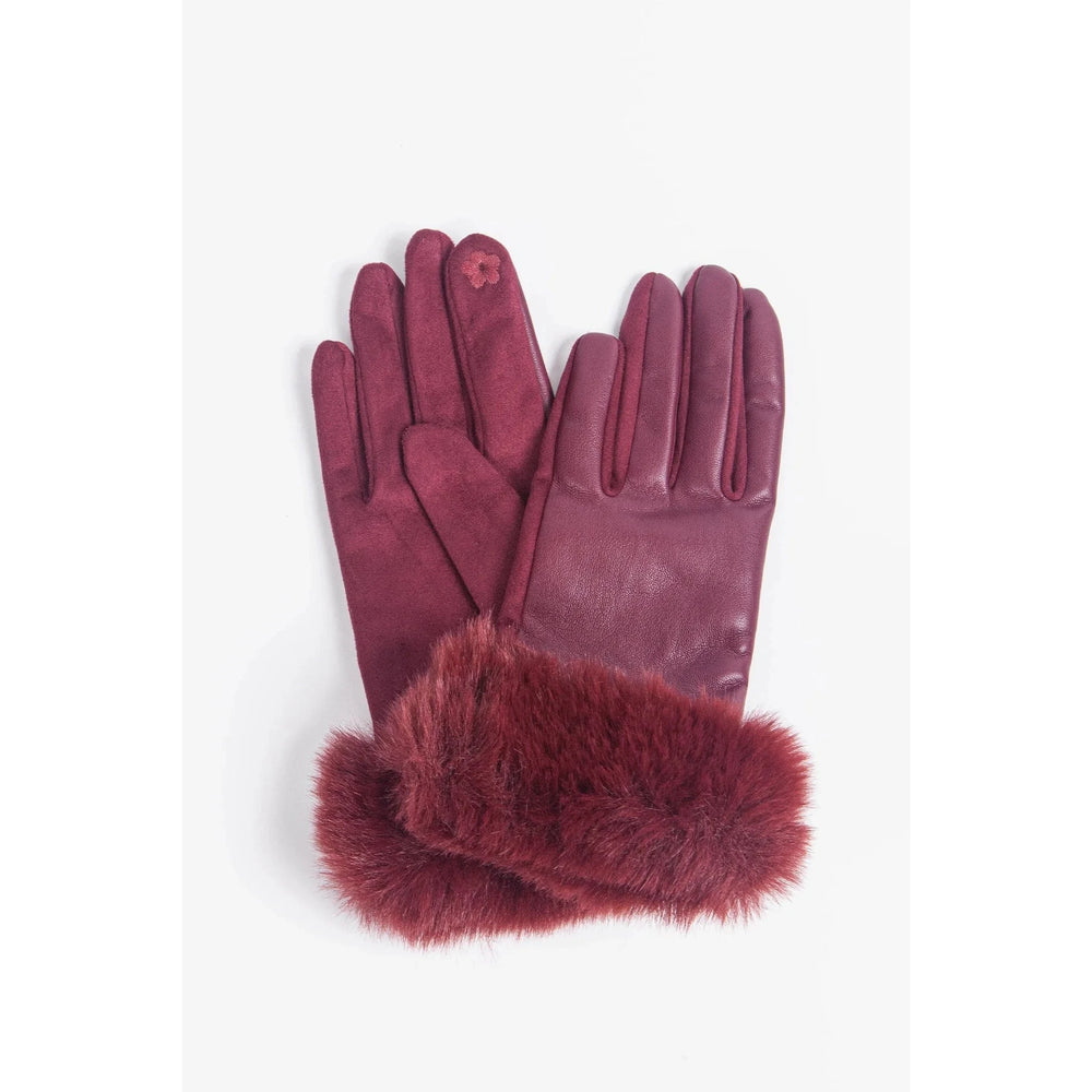 Berry Coloured Gloves with Faux Fur Trim