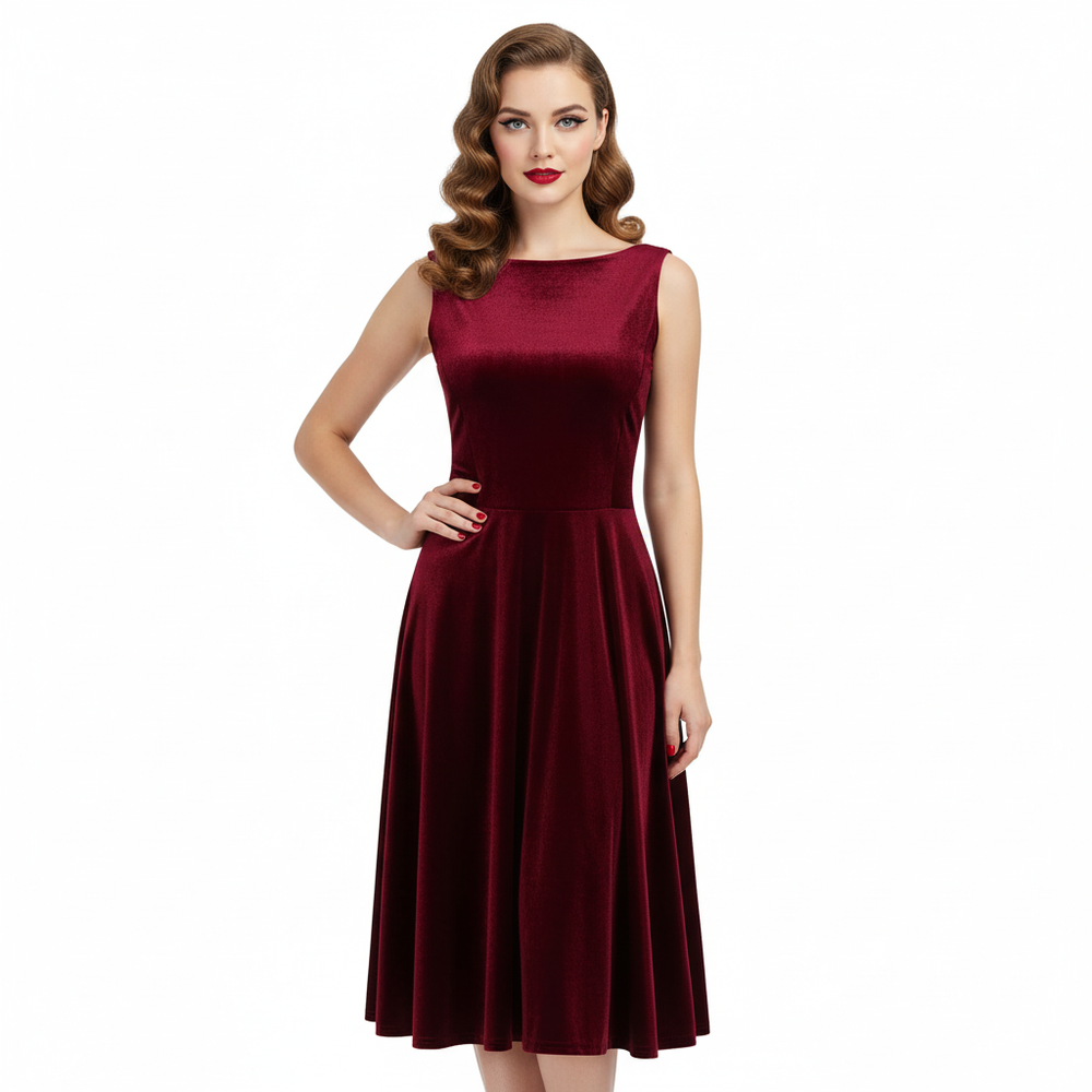 Claret Red Velour Audrey Style 1950s Swing Dress