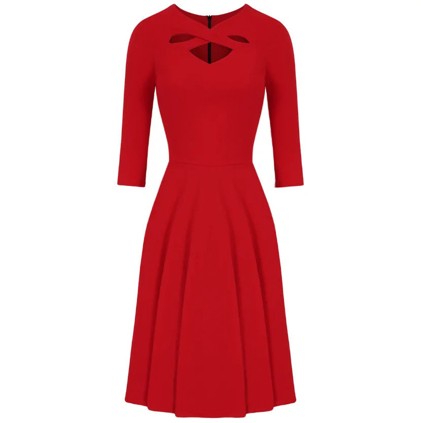 Red Cut Out Neckline 3/4 Sleeve 50s Swing Dress