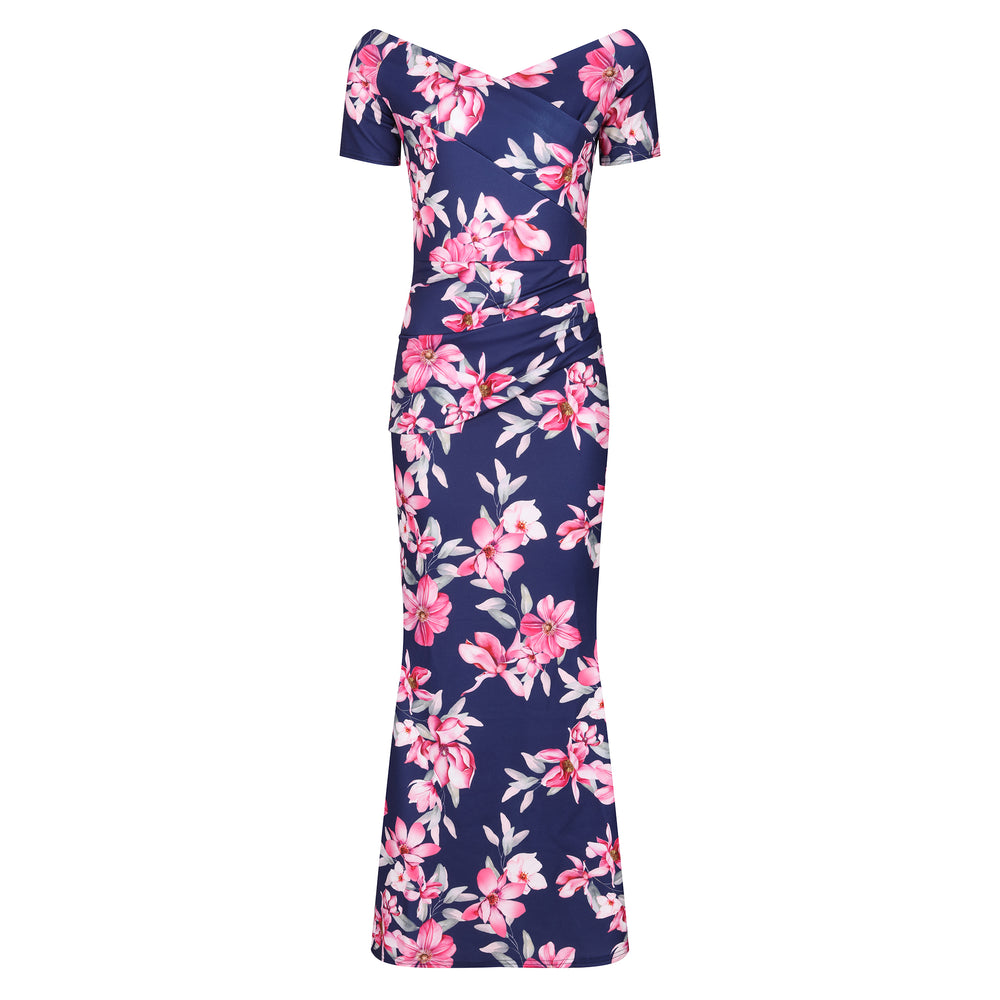 Navy Blue & Pink Floral Maxi Dress w/ Peplum Hem & Cap Sleeves