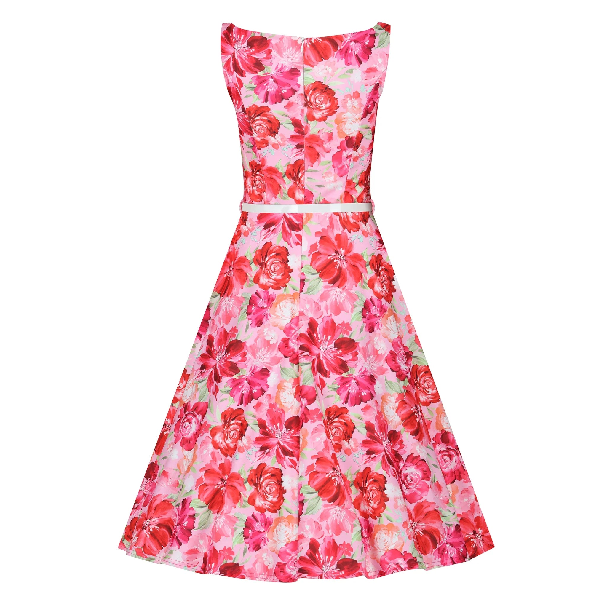 Pink & Red Floral Audrey Hepburn Style Sleeveless 50s Swing Dress With Boat Neckline