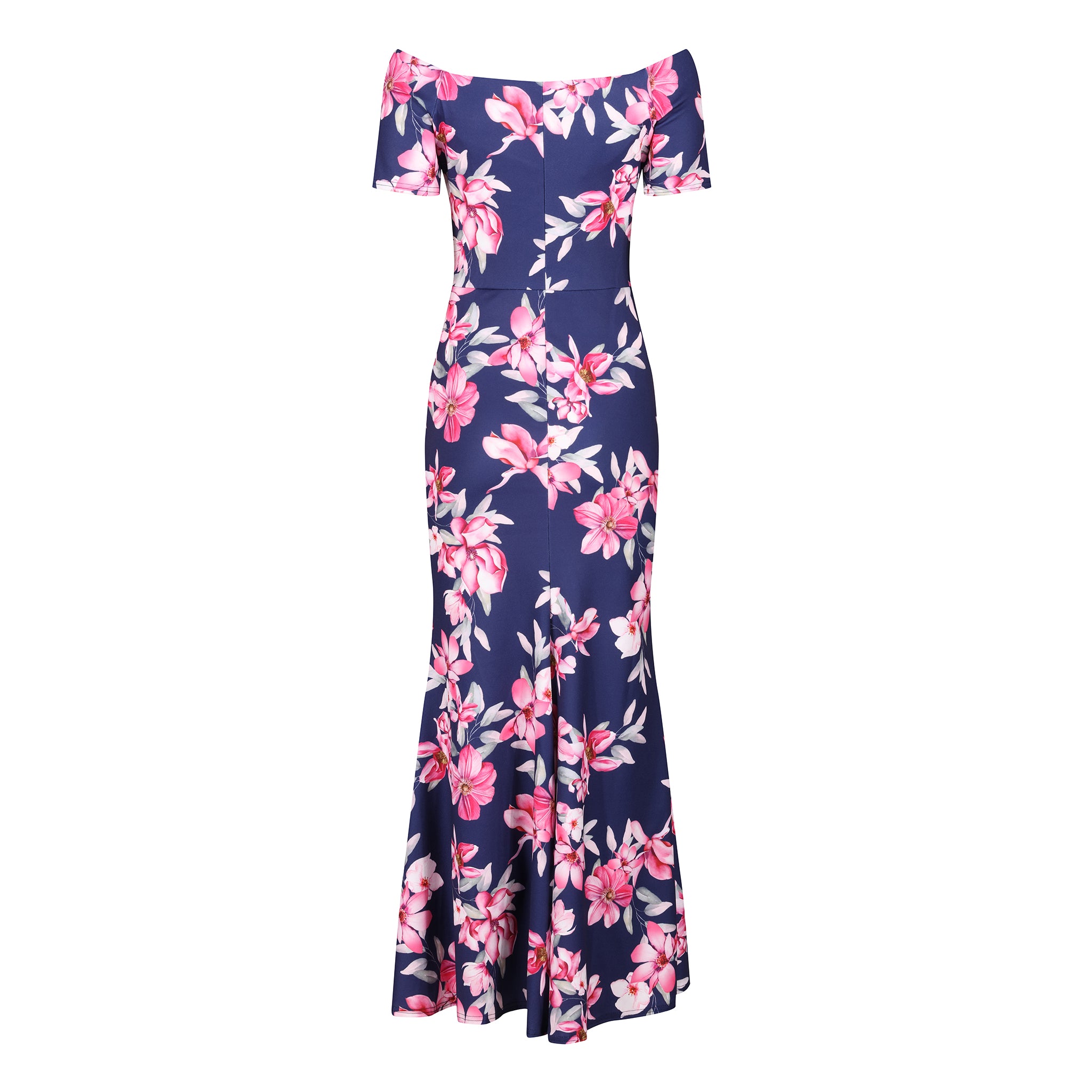 Navy Blue & Pink Floral Maxi Dress w/ Peplum Hem & Cap Sleeves