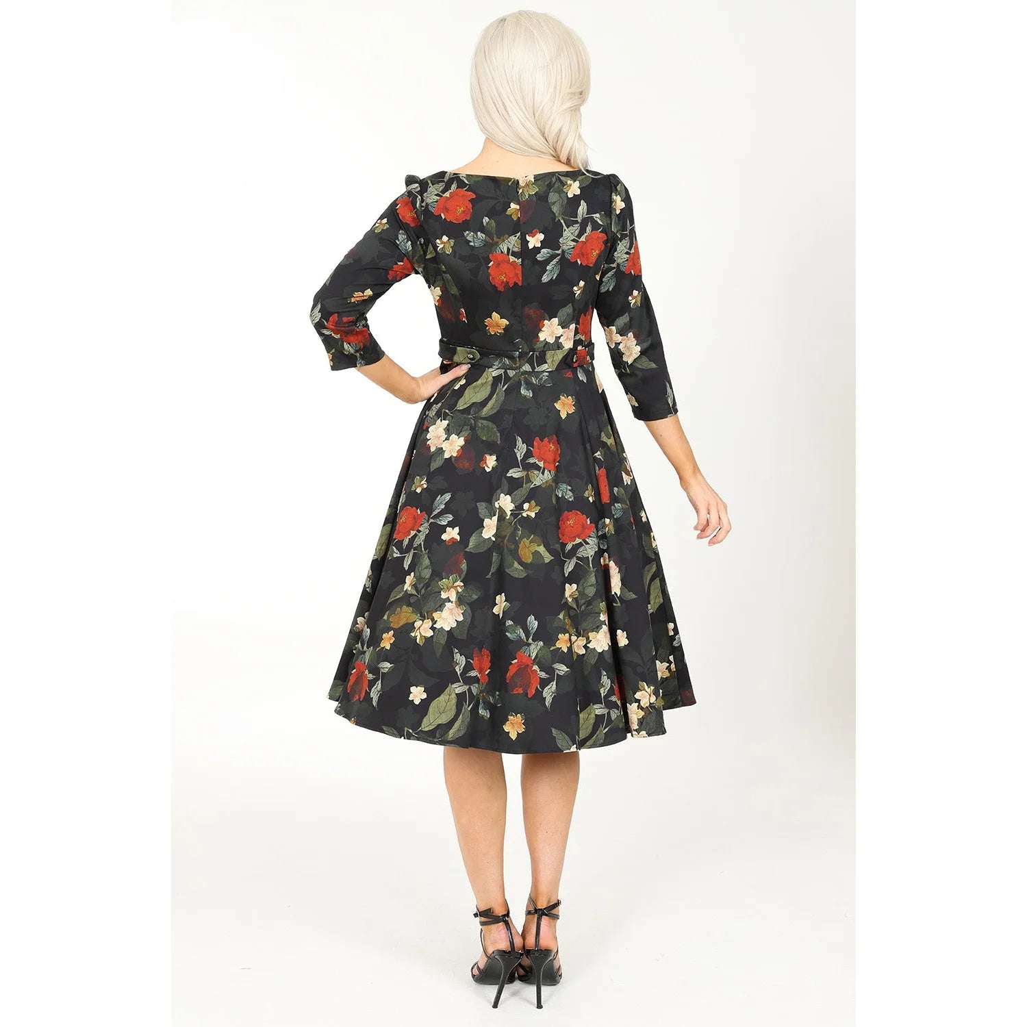 Winter Floral Print 3/4 Sleeve Belted 50s Swing Dress With Pockets