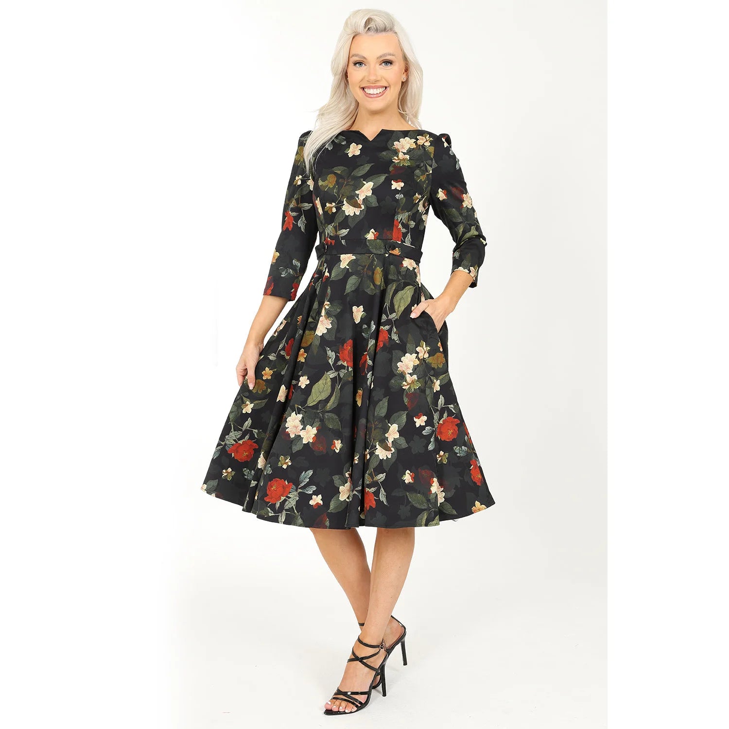 Winter Floral Print 3 4 Sleeve Belted 50s Swing Dress With Pockets