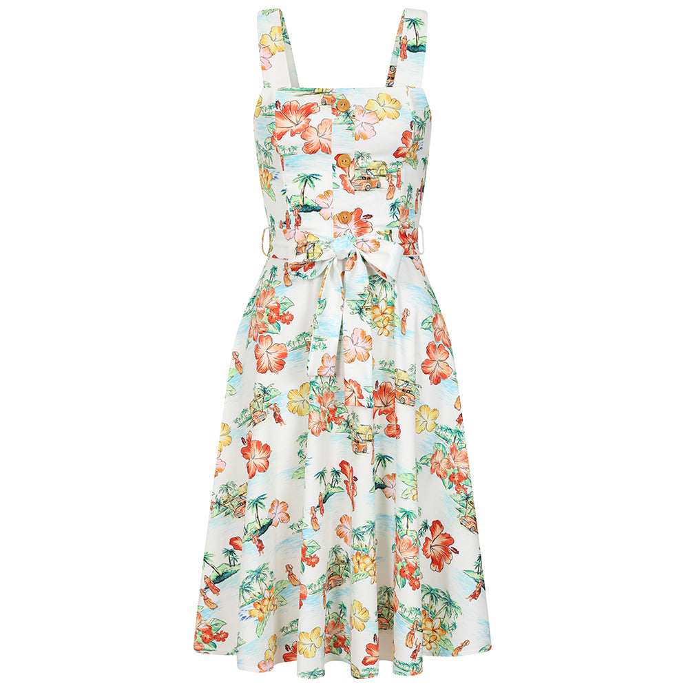 White Hawaiian Print Shoulder Strap 50s Summer Dress With Tie Belt