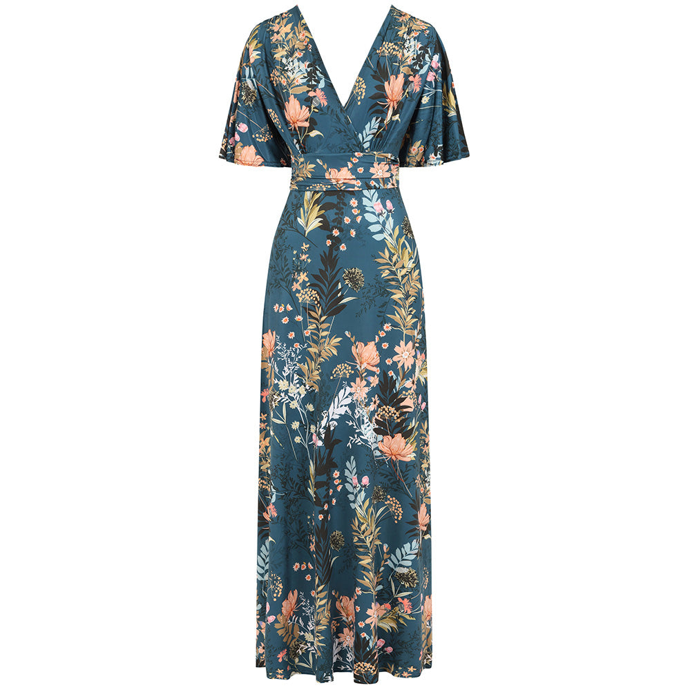 Teal Floral Print Waterfall Sleeve Maxi Dress