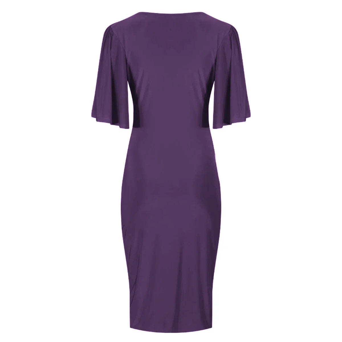 Aubergine Wrap Top Slinky Cocktail Wiggle Dress w/ Butterfly Sleeves