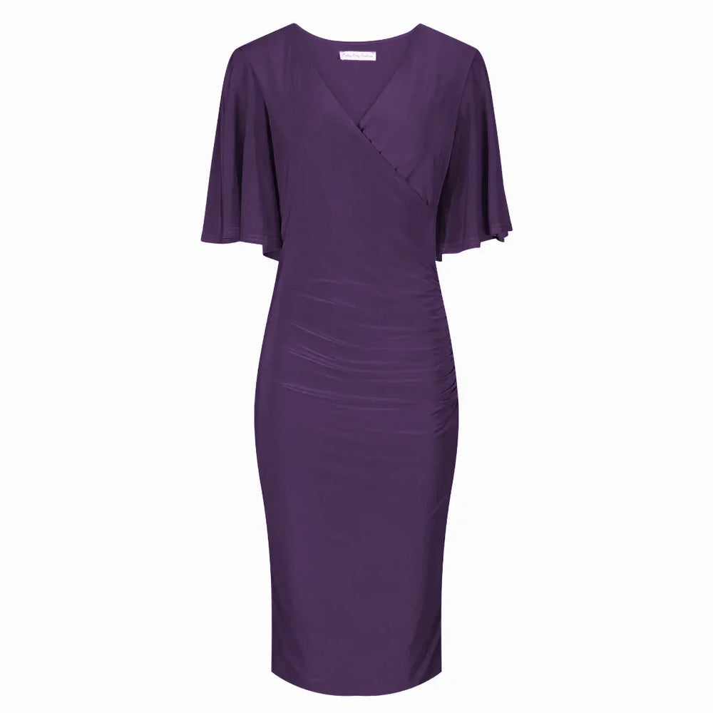 Aubergine Wrap Top Slinky Cocktail Wiggle Dress w/ Butterfly Sleeves