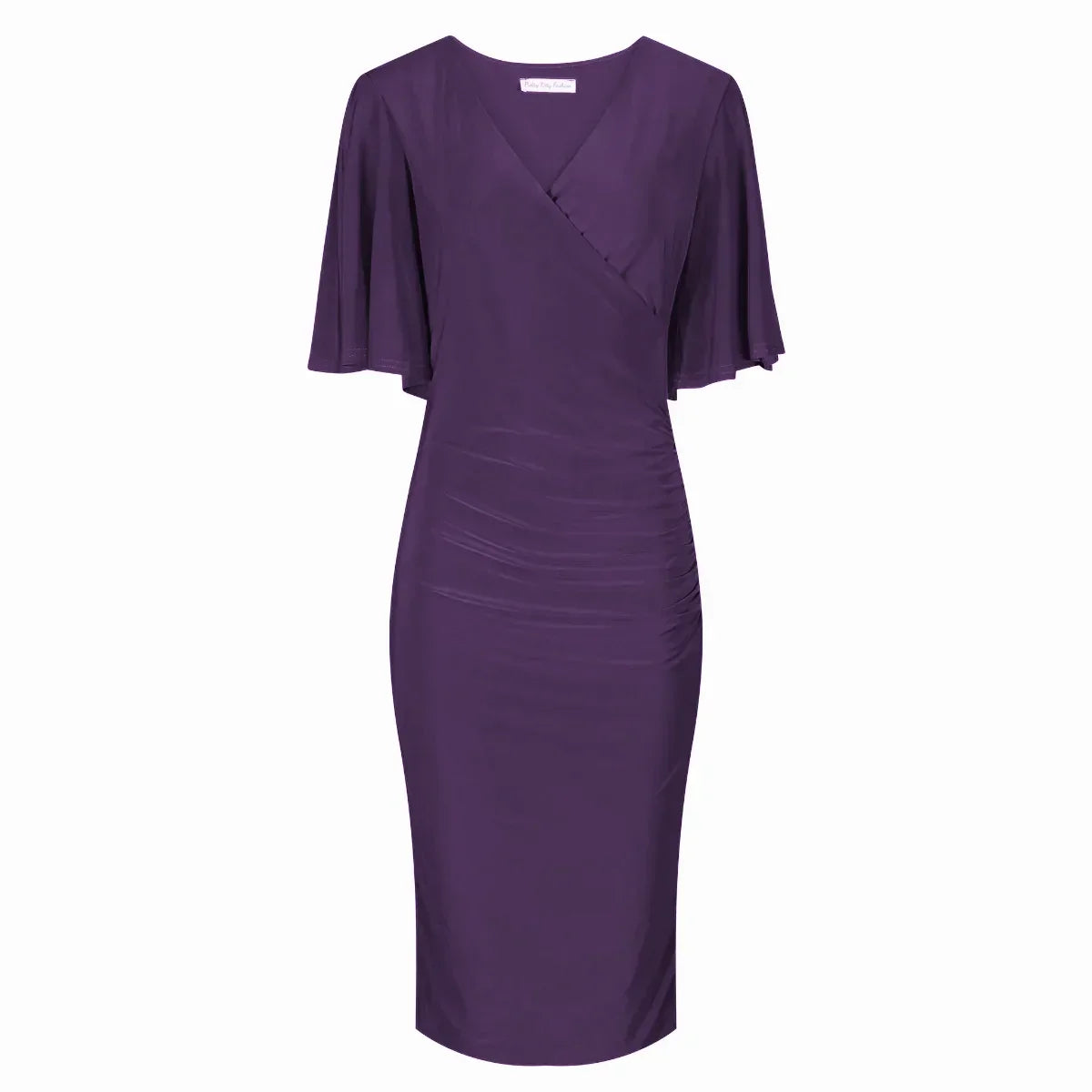 Aubergine Wrap Top Slinky Cocktail Wiggle Dress w/ Butterfly Sleeves