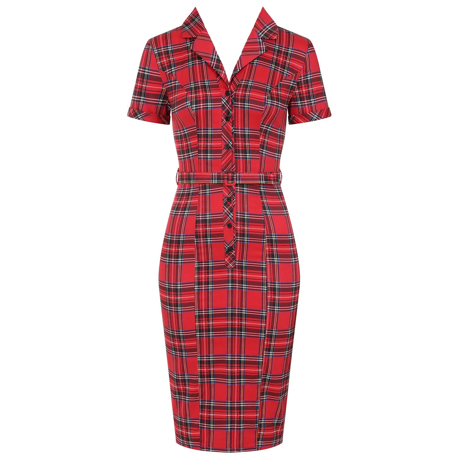 Red Highland Tartan Check Short Sleeve Wiggle Pencil Dress