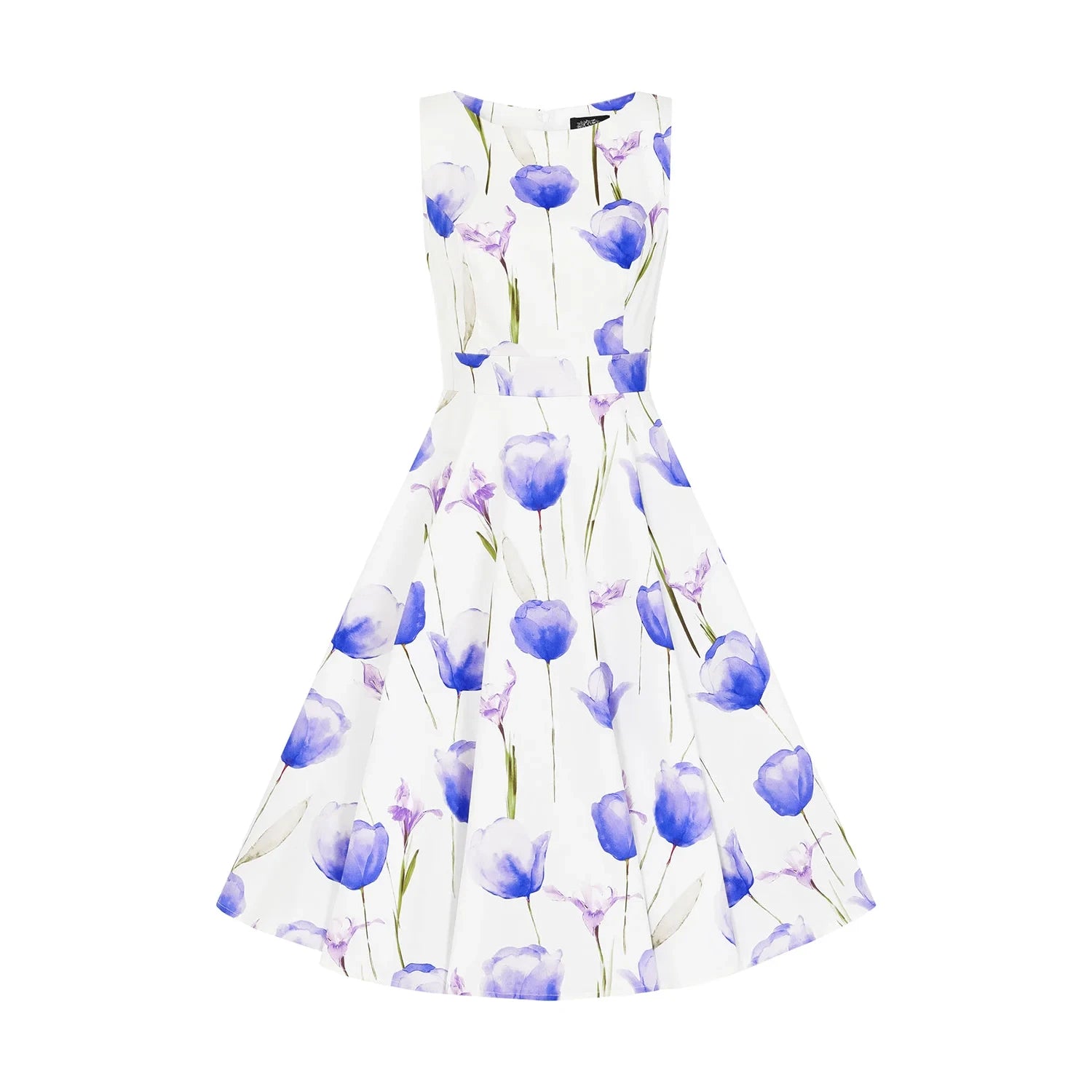 White & Purple Tulips Floral Print 50s Swing Dress