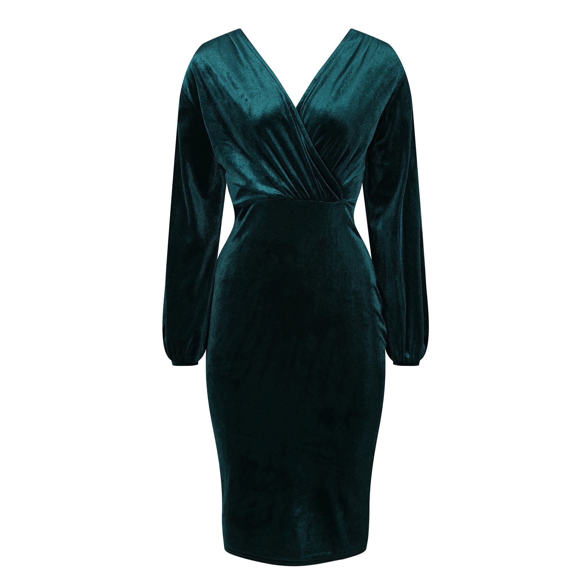 Green Velour Crossover Top Long Sleeve Wiggle Pencil Dress