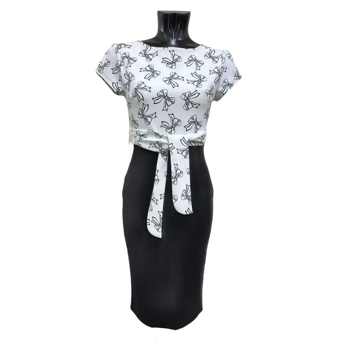 White And Black Bow Print Tie Front Bodycon Midi Dress