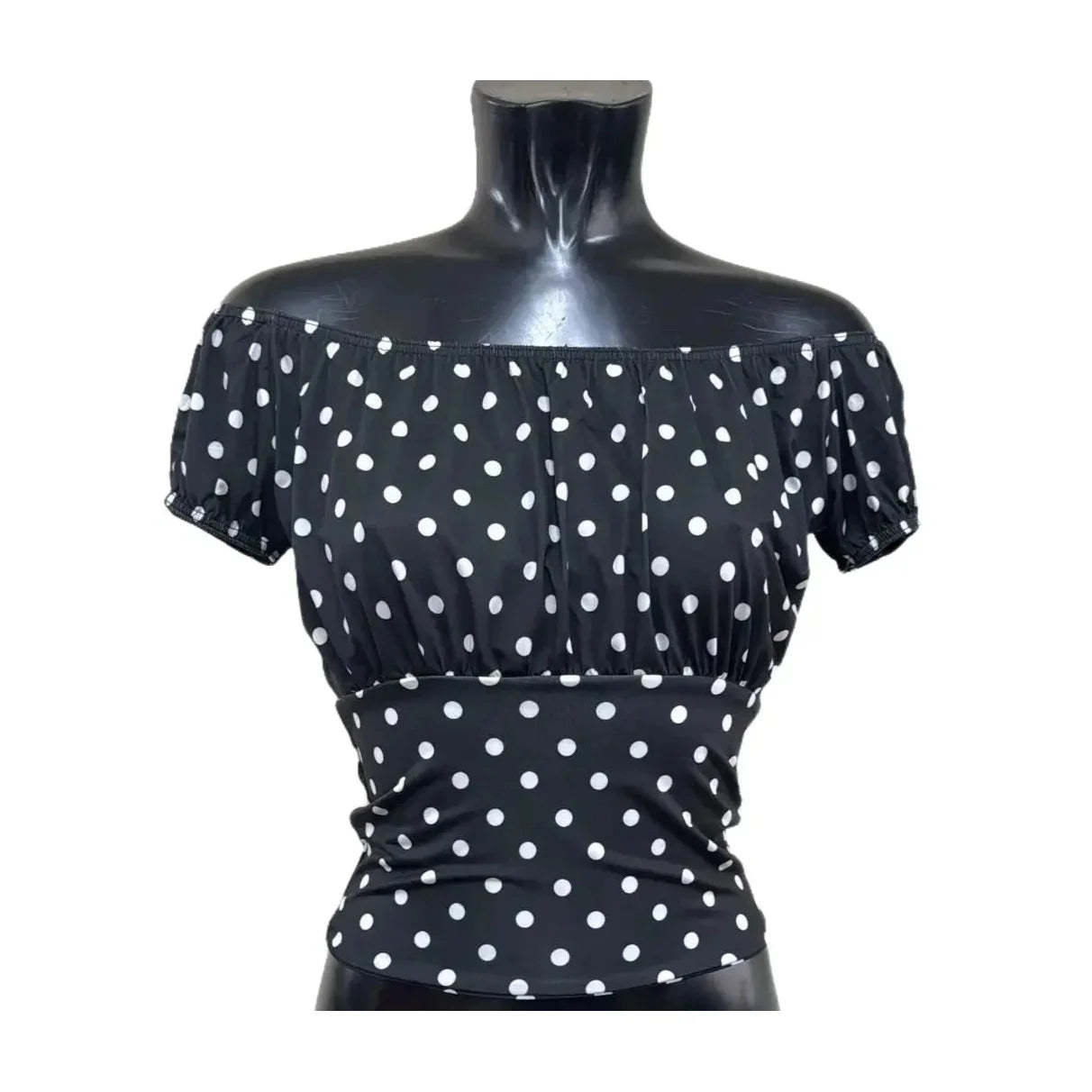 Black and White Polka Dot Stretch Off the Shoulder Ruched Top