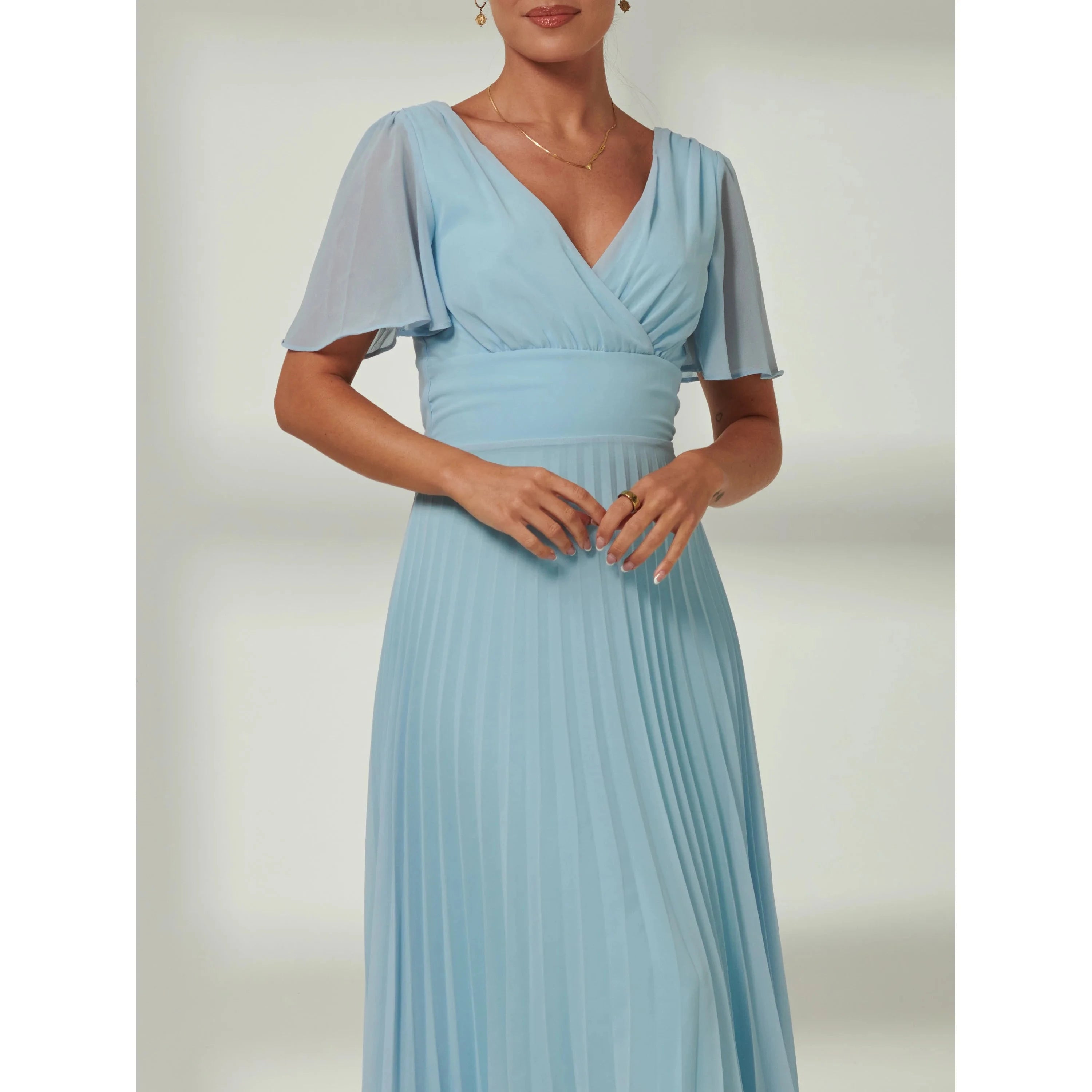 Jolie Moi Light Blue Pleated Chiffon Dress With Angel Sleeves