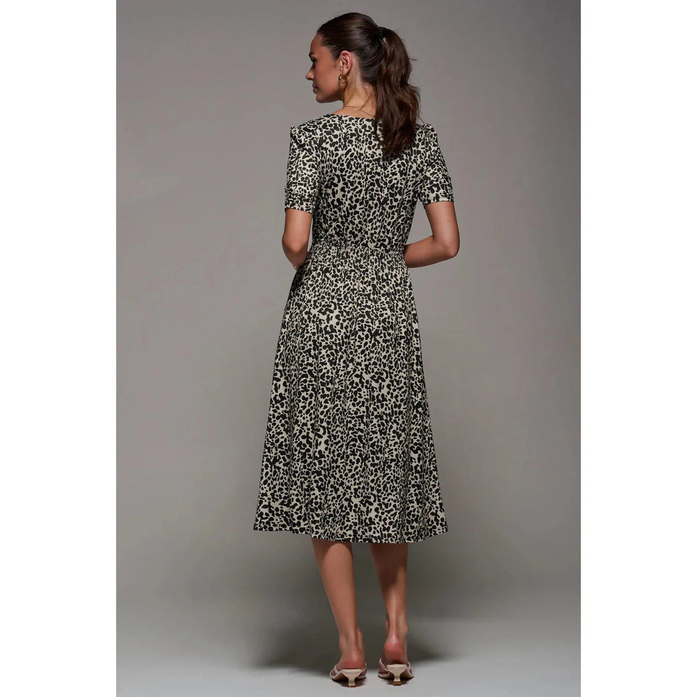 Jolie Moi Brown Leopard Print Ruched Waist Short Sleeve Midi Dress