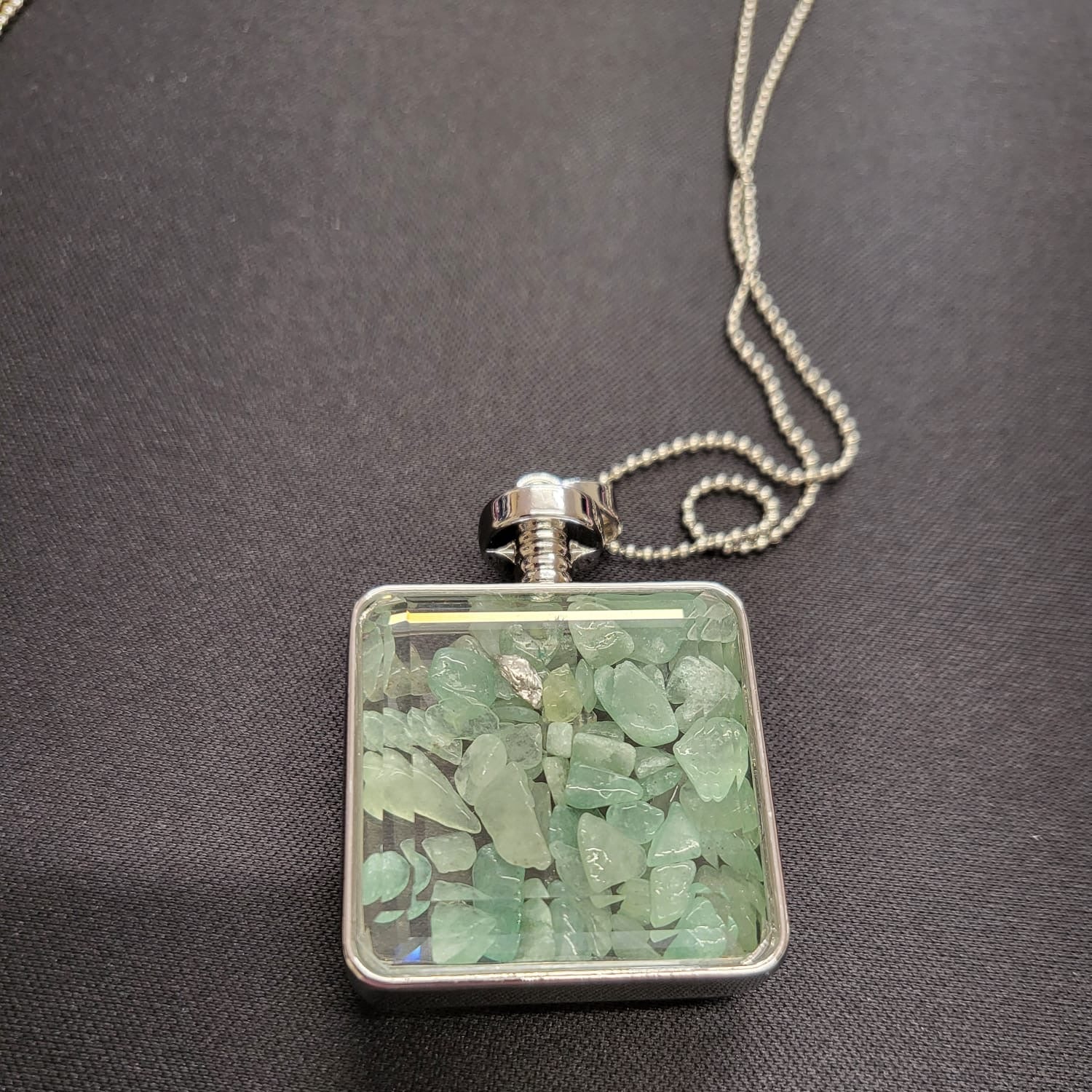 Silver Green Stone Glass Crystal Pendant Necklace