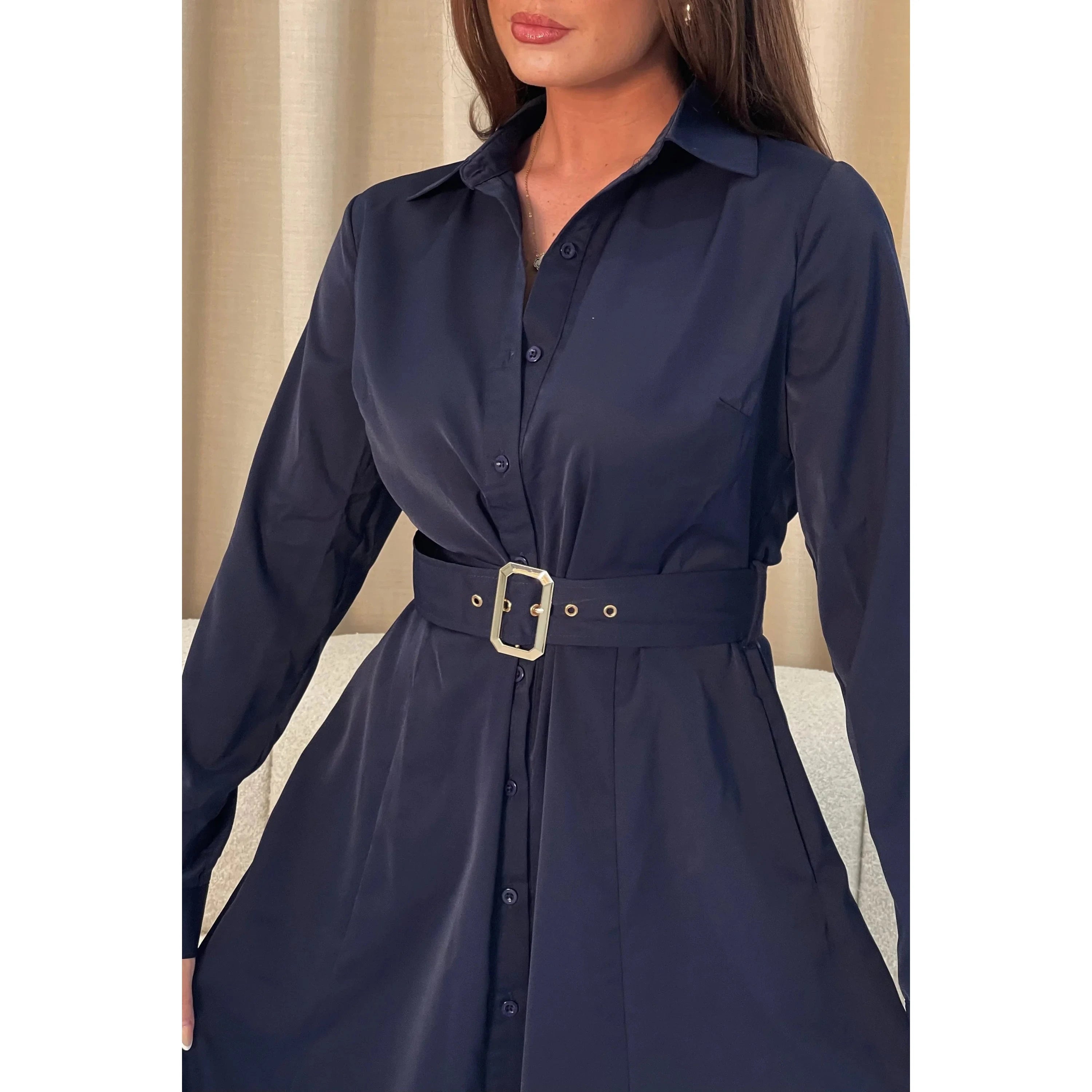 Navy Blue Detail Long Sleeve Maxi Shirt Dress