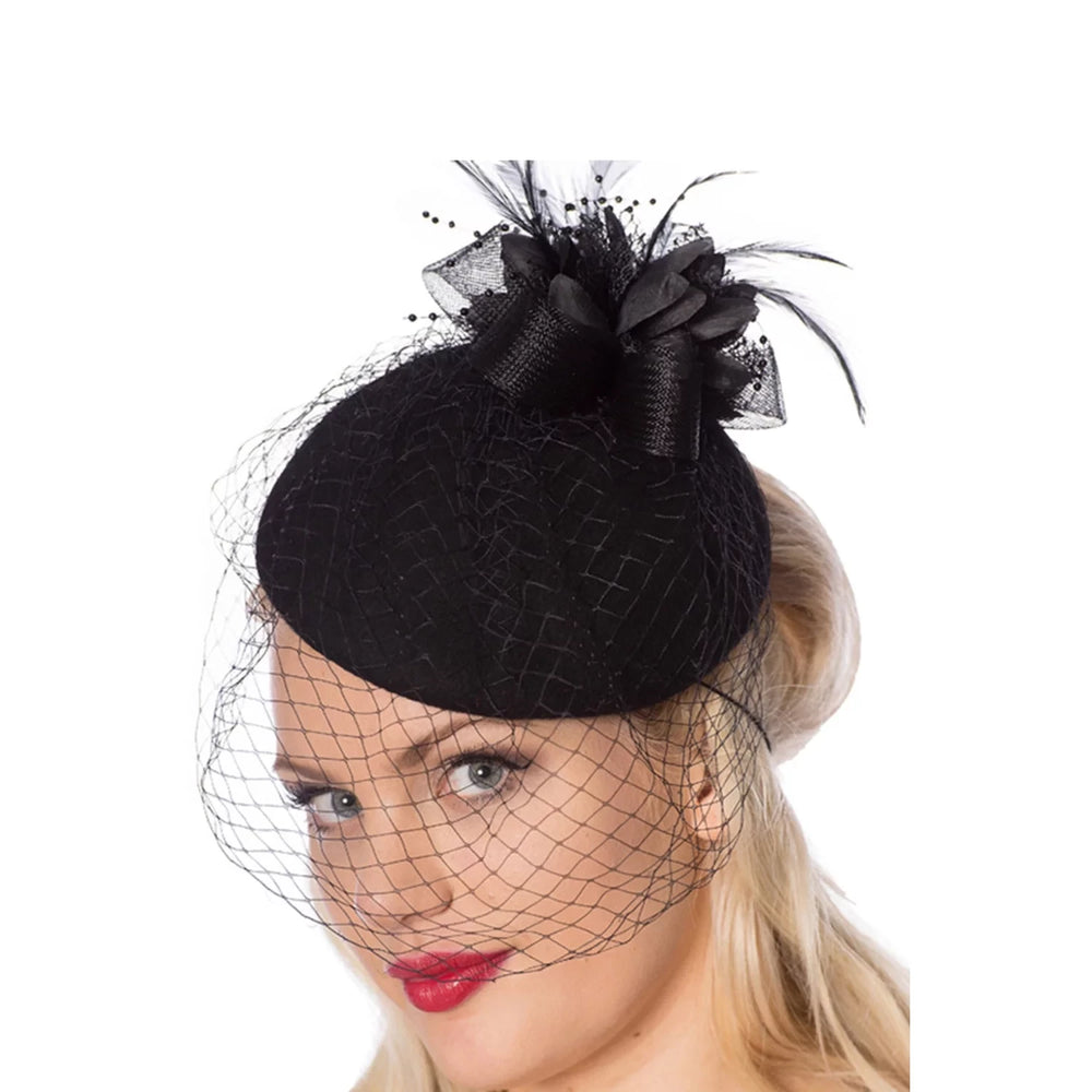 Large Black Facinator With Flower and Feather Decoration and Veiling