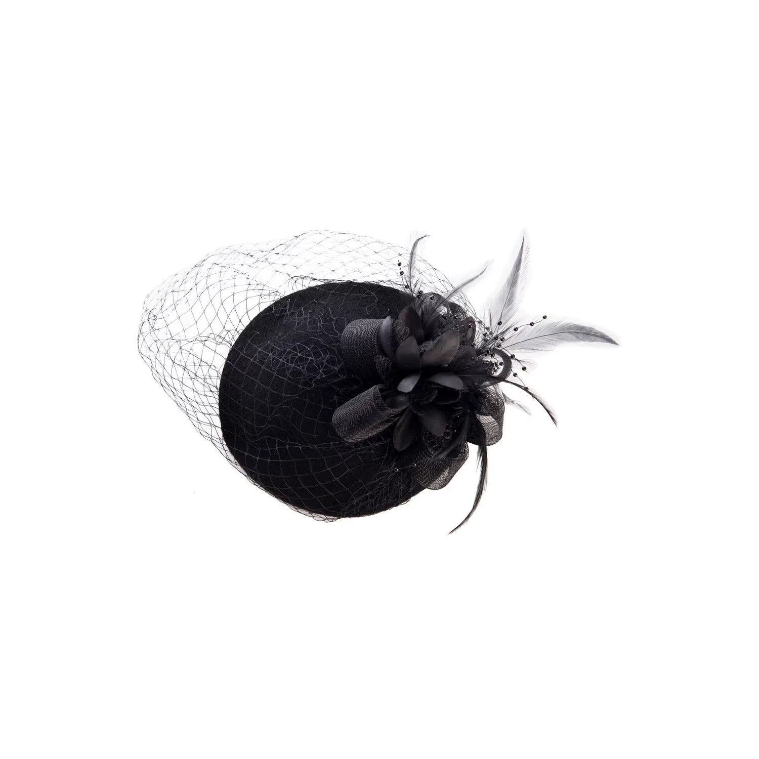 Large Black Facinator With Flower and Feather Decoration and Veiling
