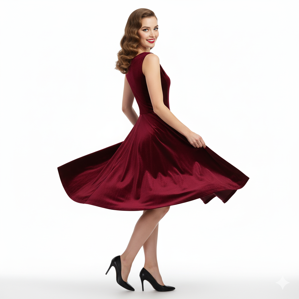 Claret Red Velour Audrey Style 1950s Swing Dress