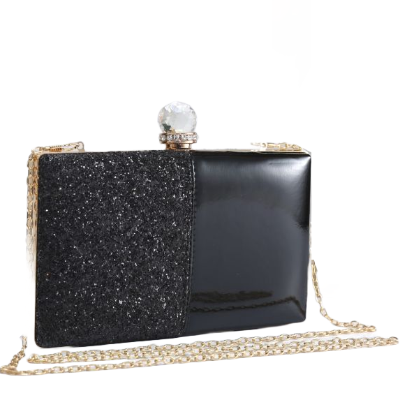 Black Patent and Glitter Clutch Handbag with Detachable Strap Pretty Kitty Fashion