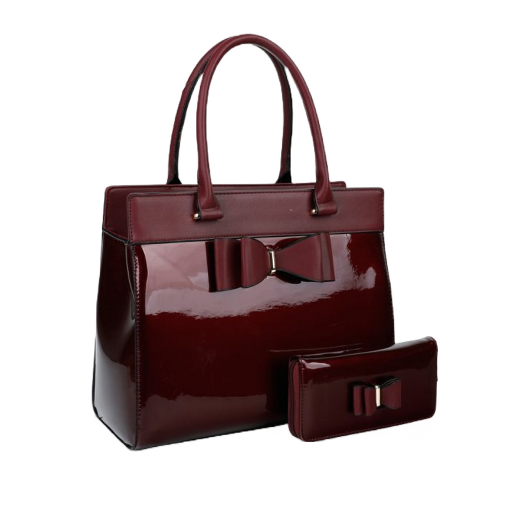 Burgundy Patent Duo Handbag and Purse Set with Bow Detail