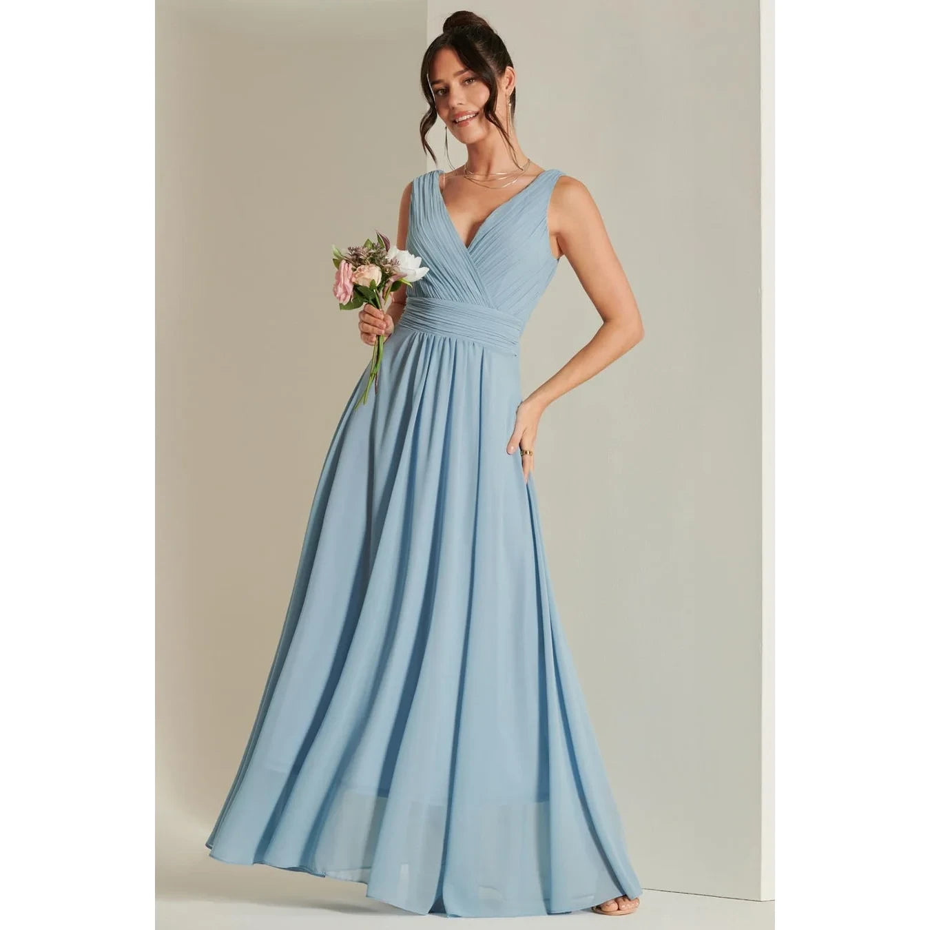 Jolie Moi Pale Blue V-Neck Pleated Bodice Maxi Dress
