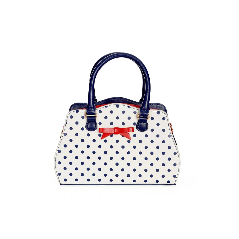 White and Navy Polka Dot Handbag with Red Bow detail