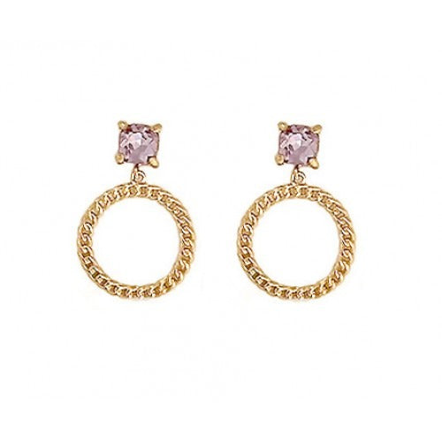 Violet Glass Stone Round Brass Chain Style Hoop Earrings