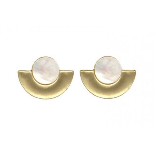 Small fan shape brushed metal earrings with round stone