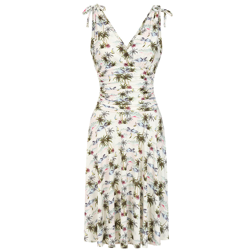 White Summer Tropical Print V Neck Tie Shoulder 50s Grecian Swing Dress
