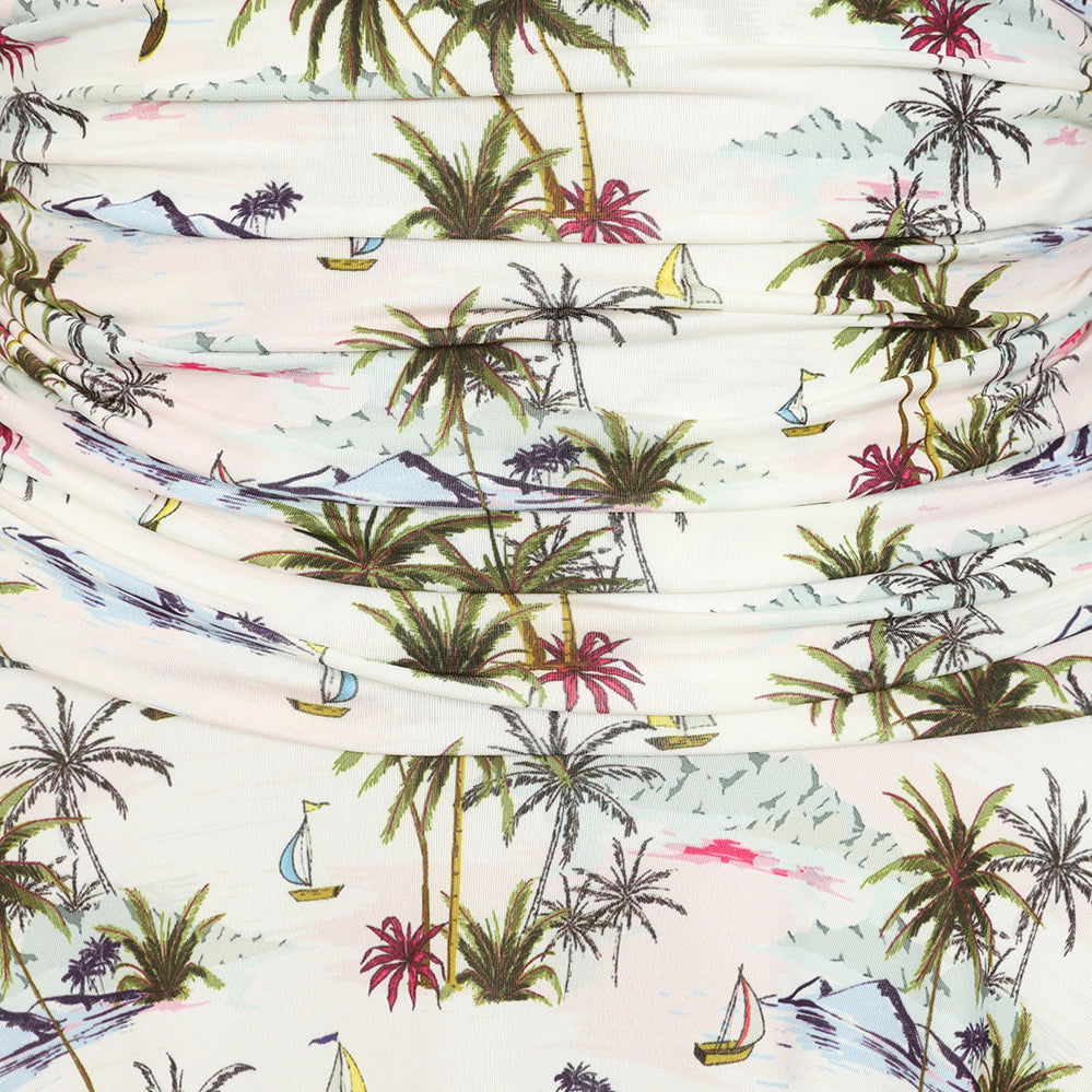 White Summer Tropical Print V Neck Tie Shoulder 50s Grecian Swing Dress
