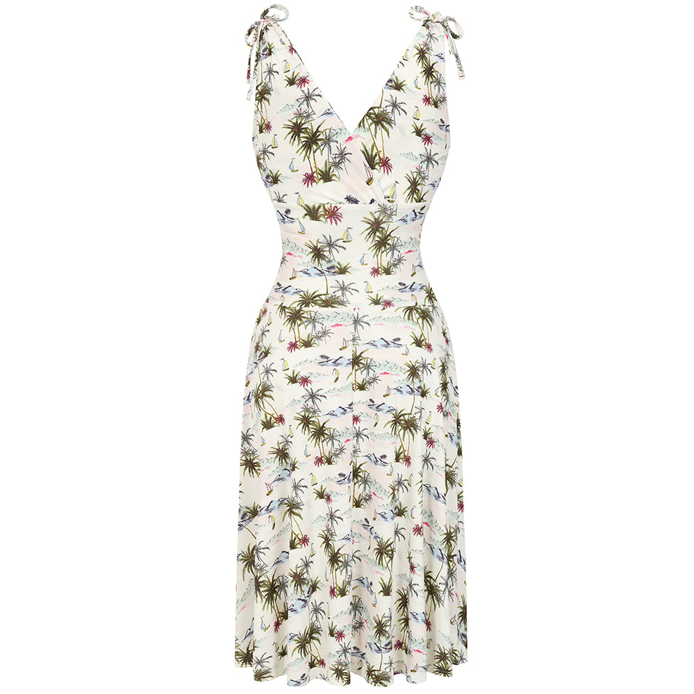 White Summer Tropical Print V Neck Tie Shoulder 50s Grecian Swing Dress