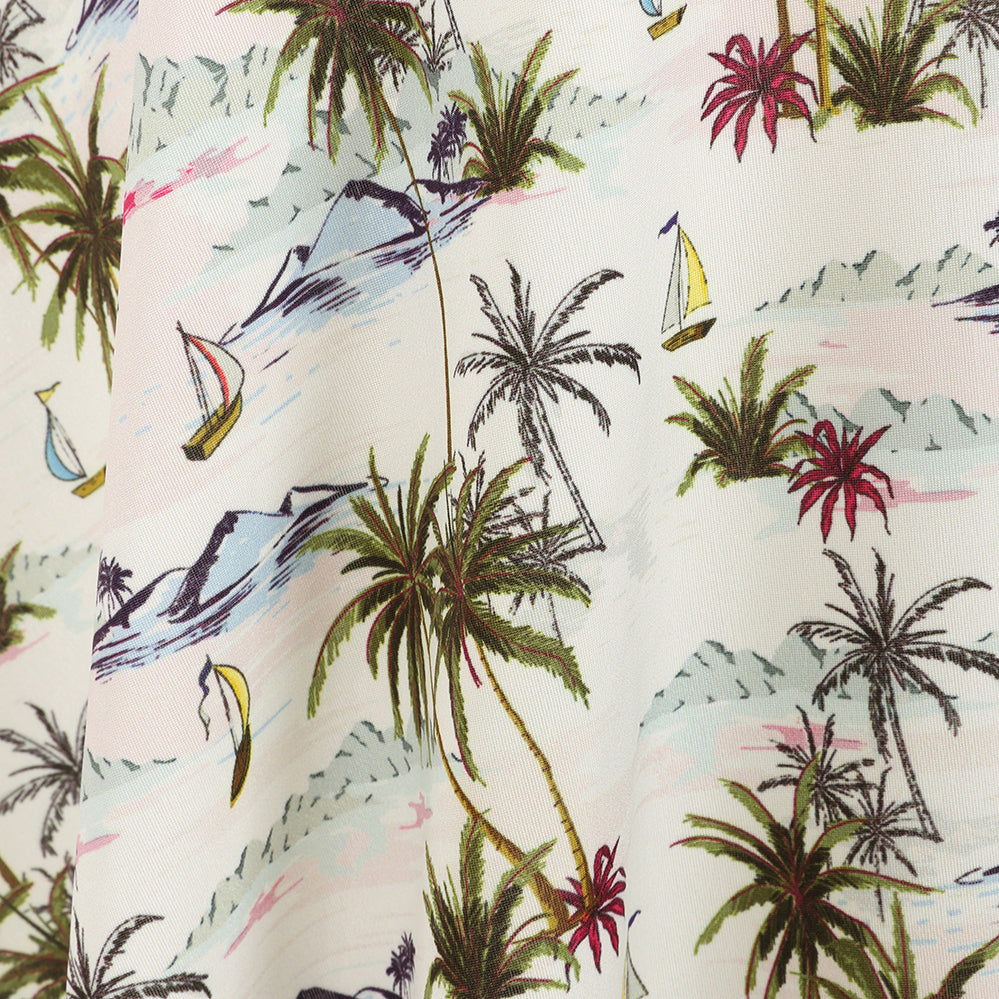 White Summer Tropical Print V Neck Tie Shoulder 50s Grecian Swing Dress