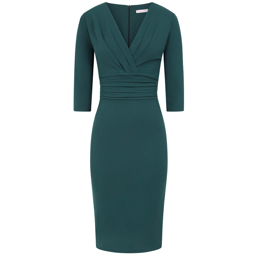 Forest Green 3/4 Sleeve Deep V Bodycon Ruched Waist Wiggle Dress