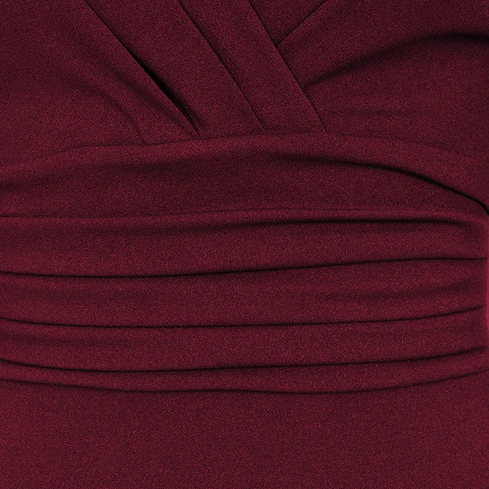 Wine Red 3/4 Sleeve Deep V Bodycon Ruched Waist Wiggle Dress - Pretty Kitty Fashion