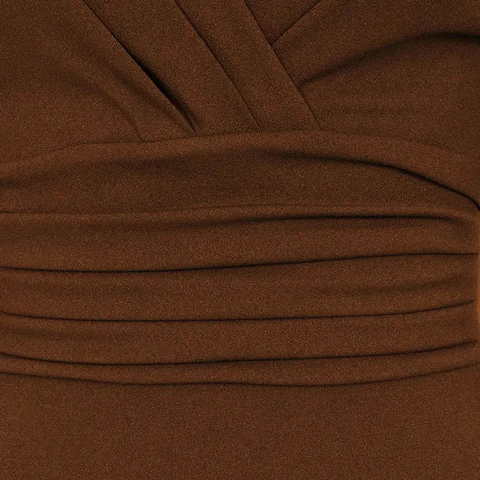 Chocolate Brown 3/4 Sleeve Deep Bodycon Ruched Waist Wiggle Dress
