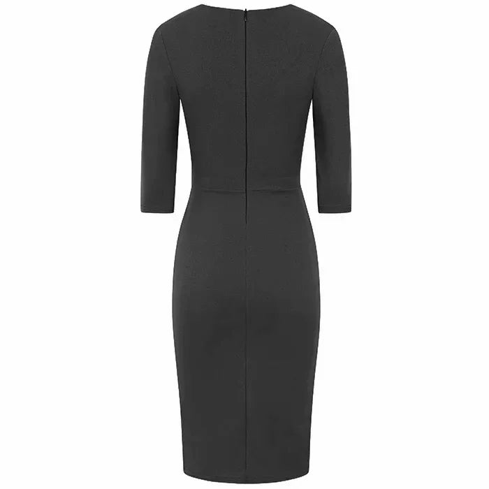 1950s Inspired Black Wiggle Pencil Dress Ruched V Neck 3/4 Sleeves UK Made