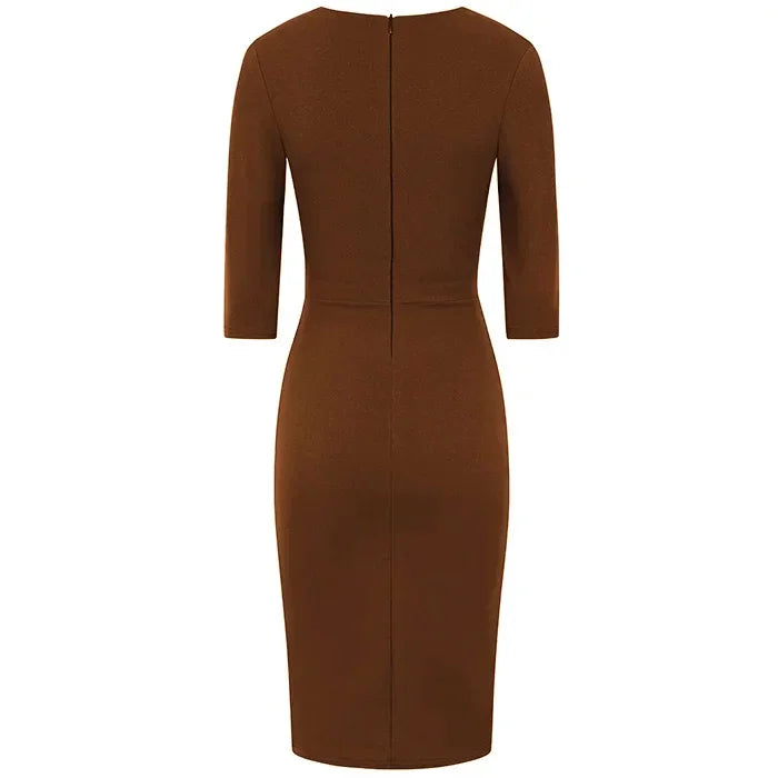 Chocolate Brown 3/4 Sleeve Deep Bodycon Ruched Waist Wiggle Dress